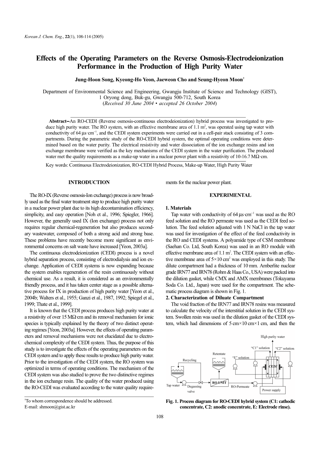 Effects of the Operating Parameters on the Reverse Osmosis-Electrodeionization Performance in the Production of High Purity Water