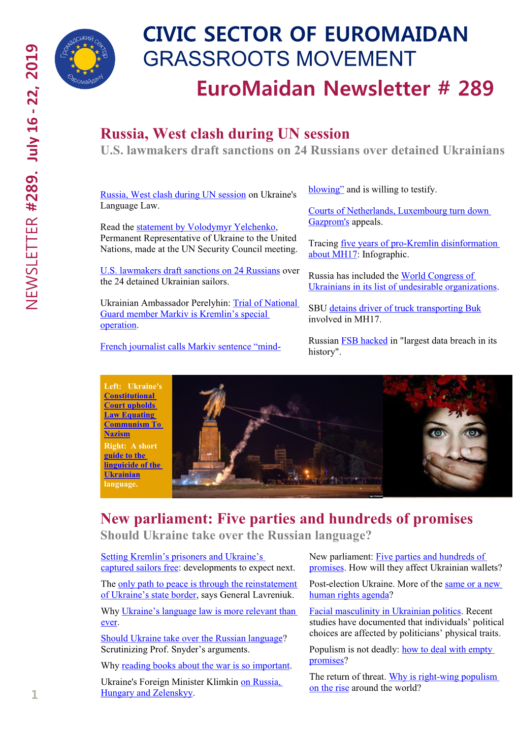 Euromaidan Newsletter # 289 CIVIC SECTOR of EUROMAIDAN GRASSROOTS MOVEMENT