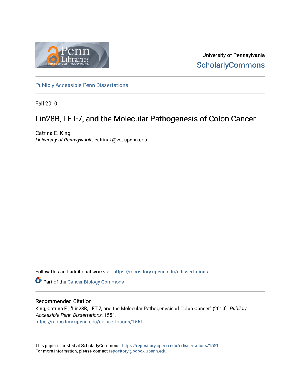 Lin28b, LET-7, and the Molecular Pathogenesis of Colon Cancer