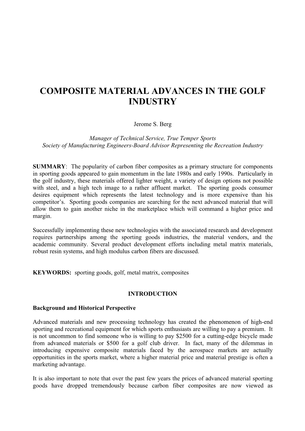 Composite Material Advances in the Golf Industry