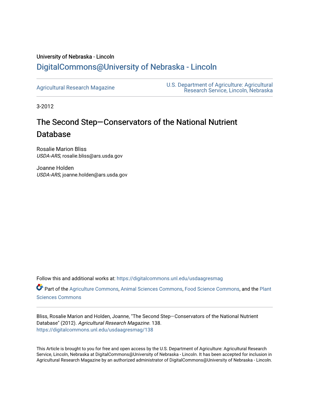 The Second Step—Conservators of the National Nutrient Database