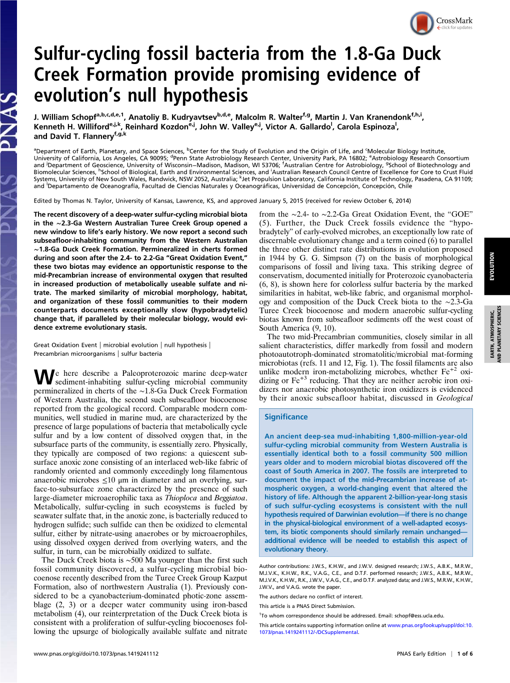 Sulfur-Cycling Fossil Bacteria from the 1.8-Ga Duck Creek Formation Provide Promising Evidence of Evolutionts Null Hypothesis