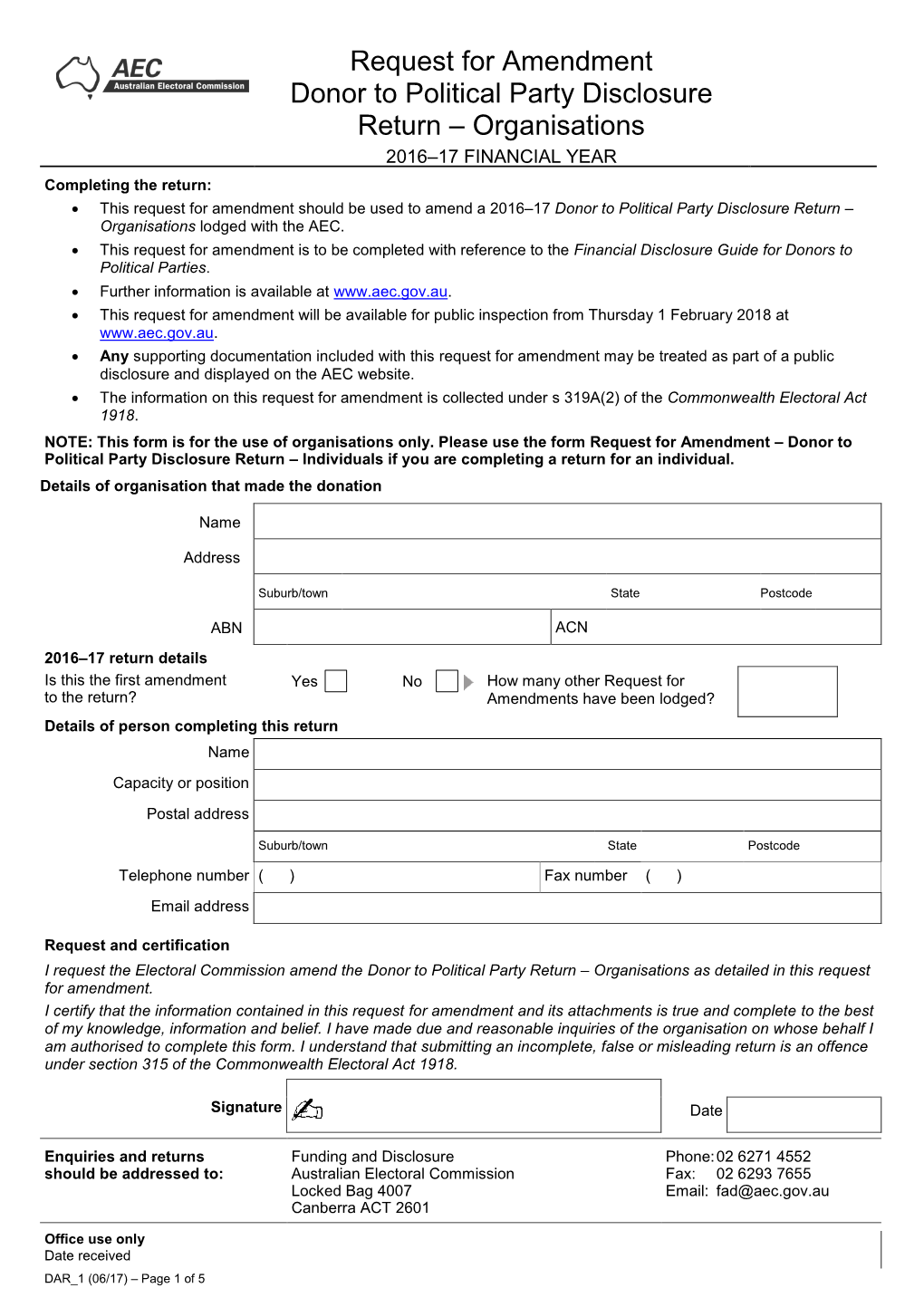 Donor to Political Party Amendment Form