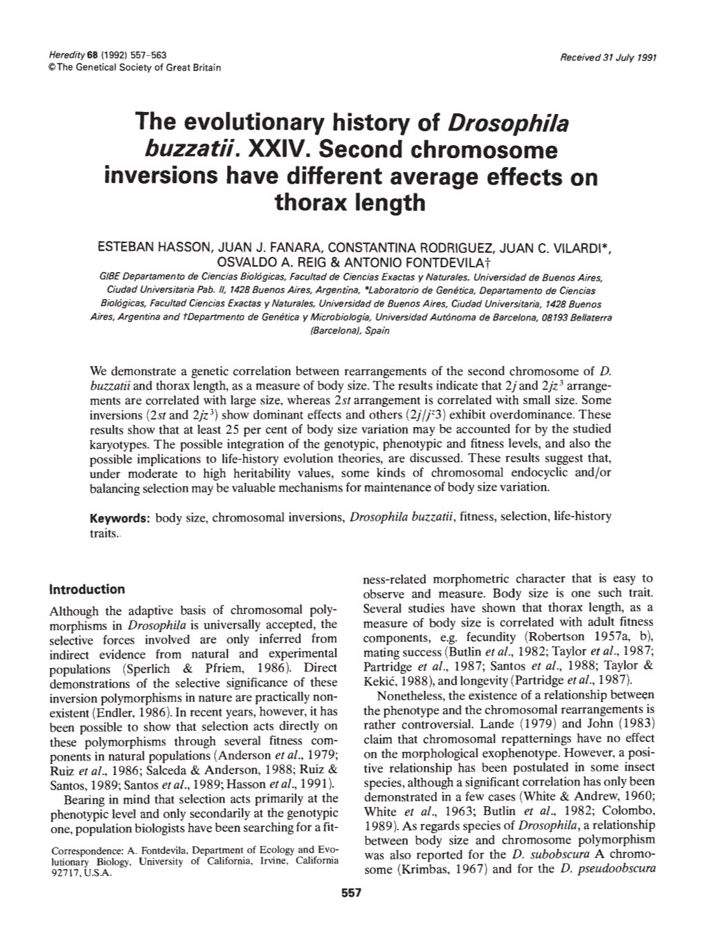 The Evolutionary History of Drosophila Thorax Length