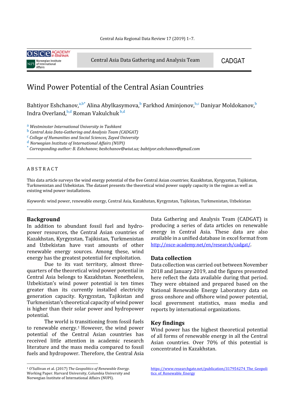 Wind Power Potential of the Central Asian Countries.Pdf