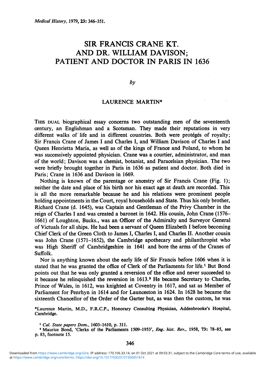 Sir Francis Crane Kt. and Dr. William Davison; Patient and Doctor in Paris in 1636