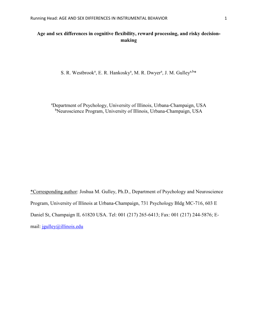 Age and Sex Differences in Cognitive Flexibility, Reward Processing, and Risky Decision- Making