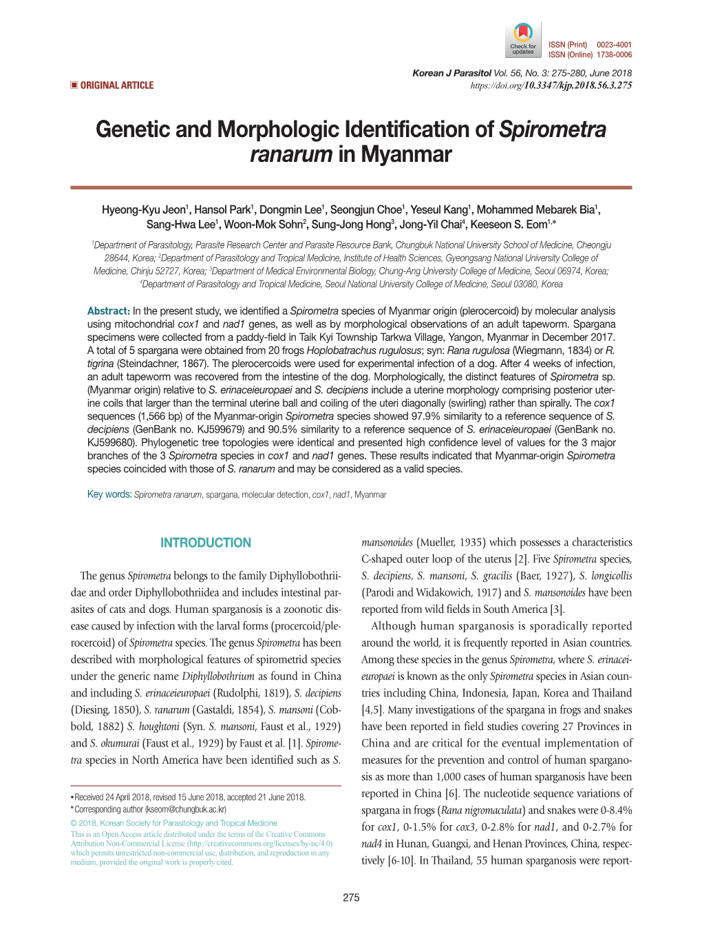 Genetic and Morphologic Identification of Spirometra Ranarum in Myanmar