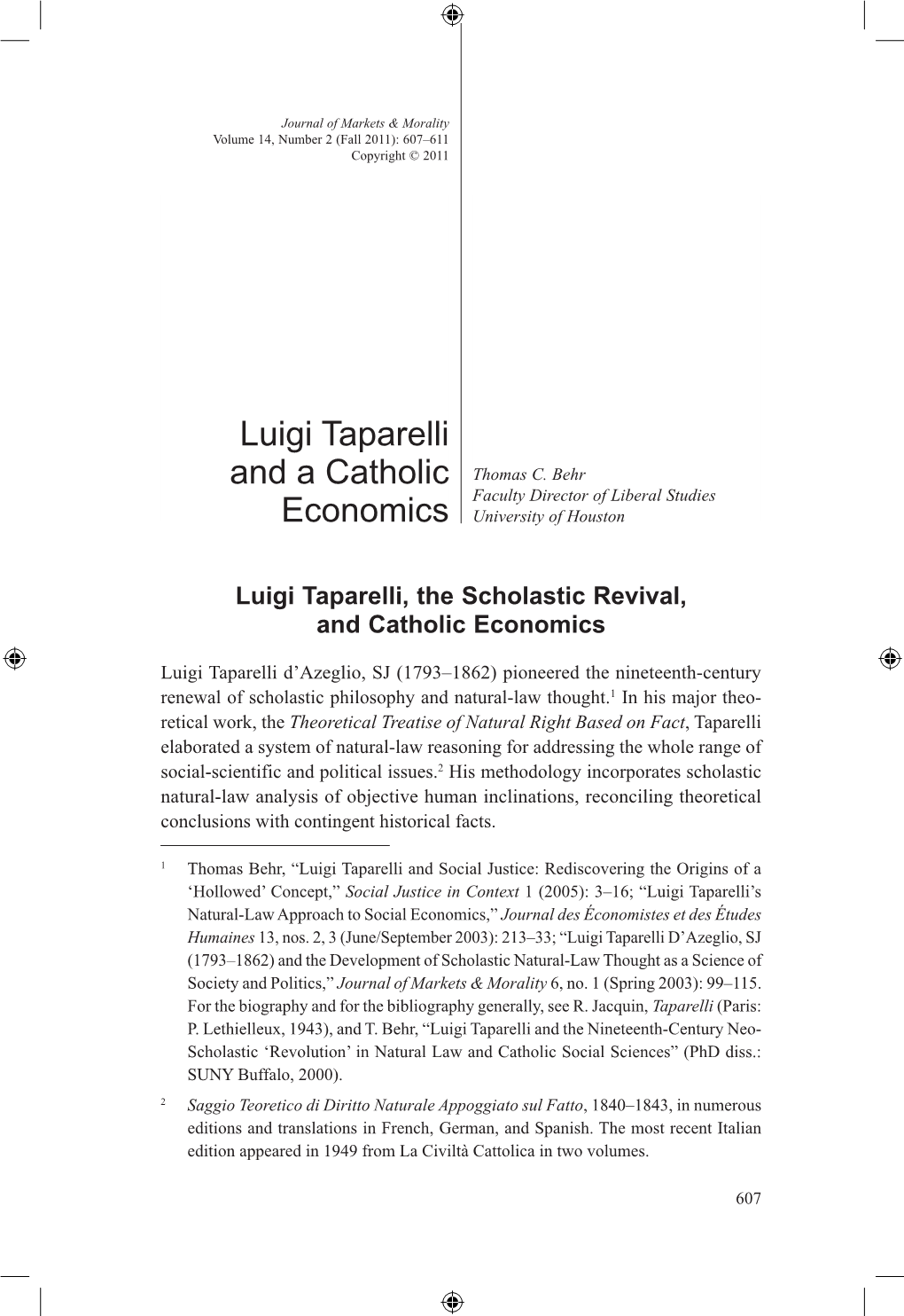 Luigi Taparelli and a Catholic Economics