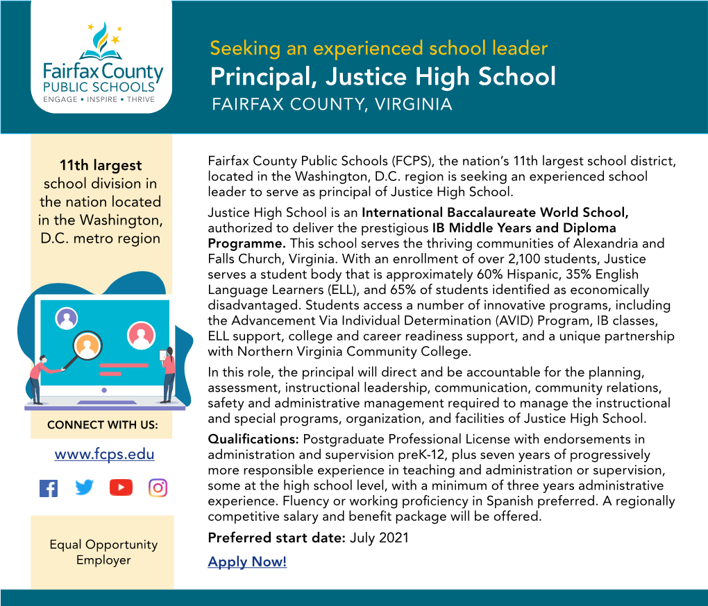 Principal, Justice High School FAIRFAX COUNTY, VIRGINIA