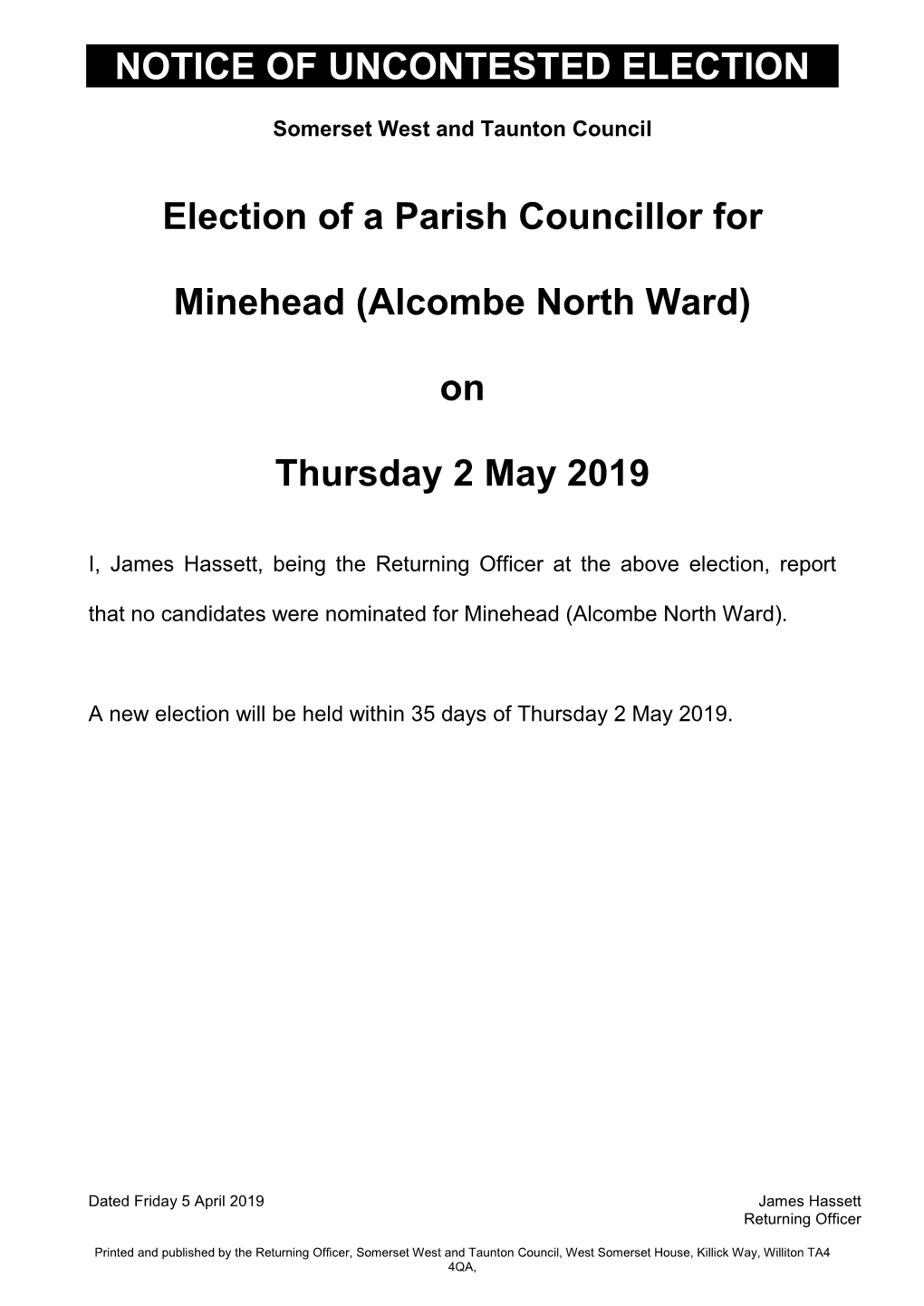 Notice of Uncontested Parish Elections