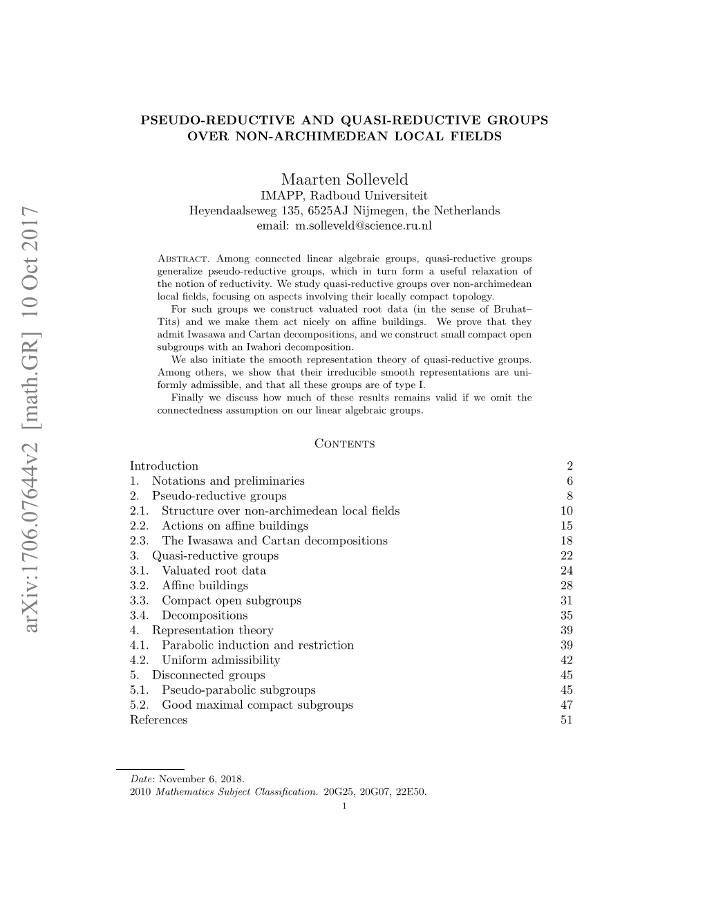 Arxiv:1706.07644V2 [Math.GR] 10 Oct 2017 ..Teiaaaadcra Eopstos18 Subgroups Compact Maximal References Good Subgroups 5.2