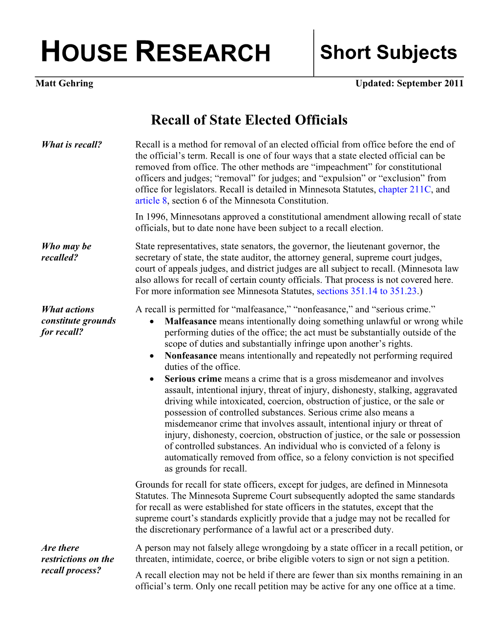 Short Subjects: Recall of State Elected Officials