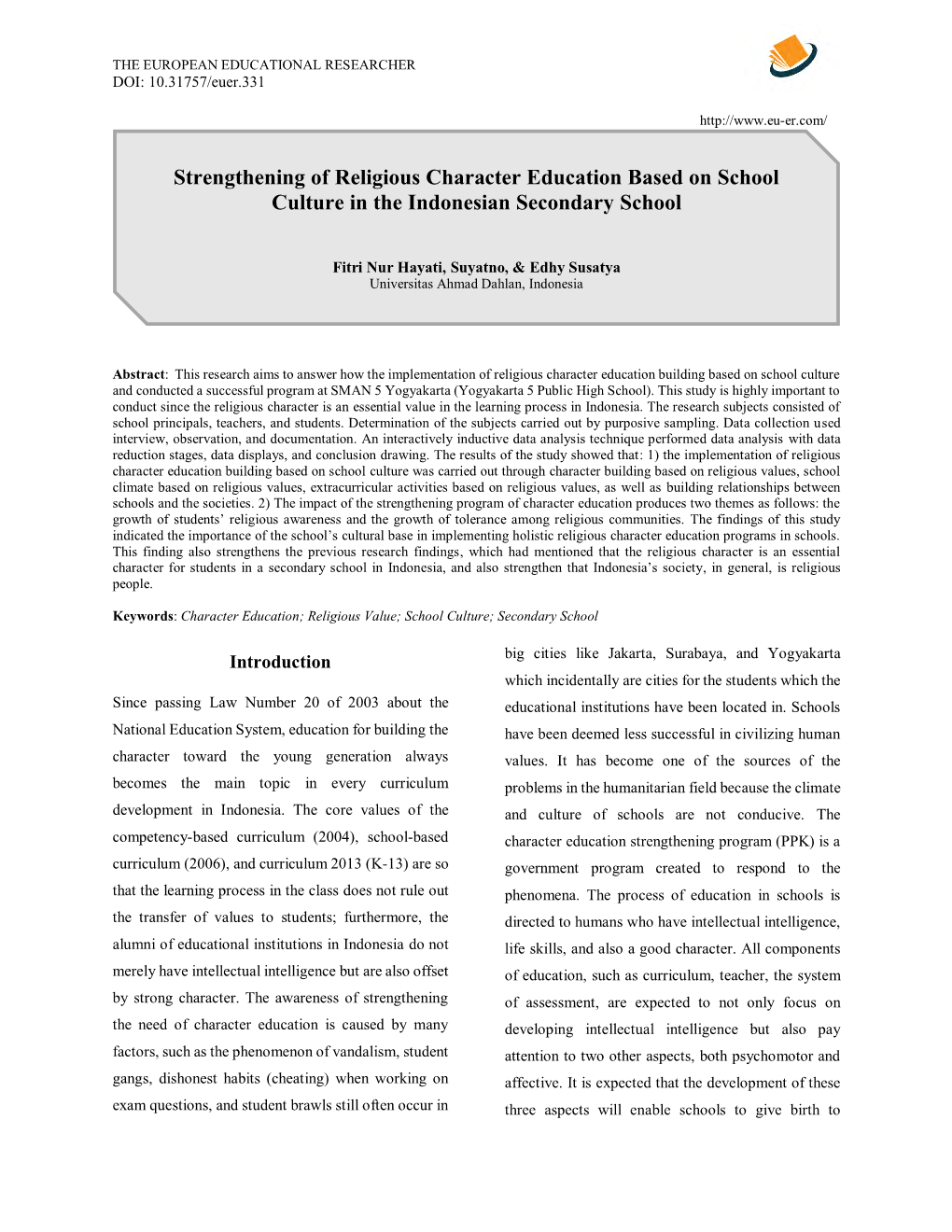 Strengthening of Religious Character Education Based on School Culture in the Indonesian Secondary School