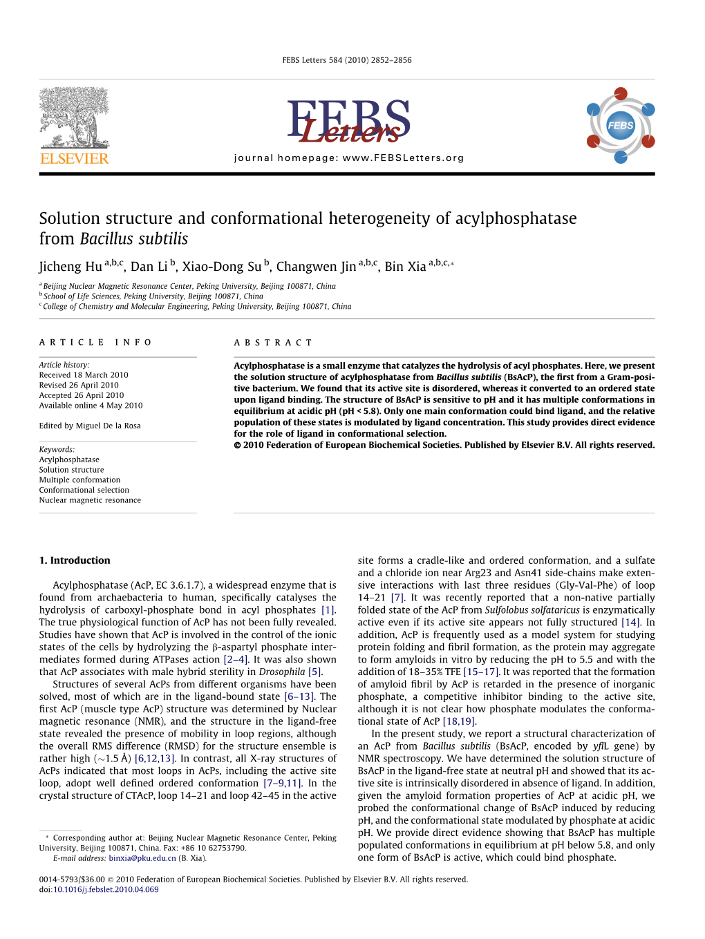 Solution Structure and Conformational Heterogeneity of Acylphosphatase from Bacillus Subtilis