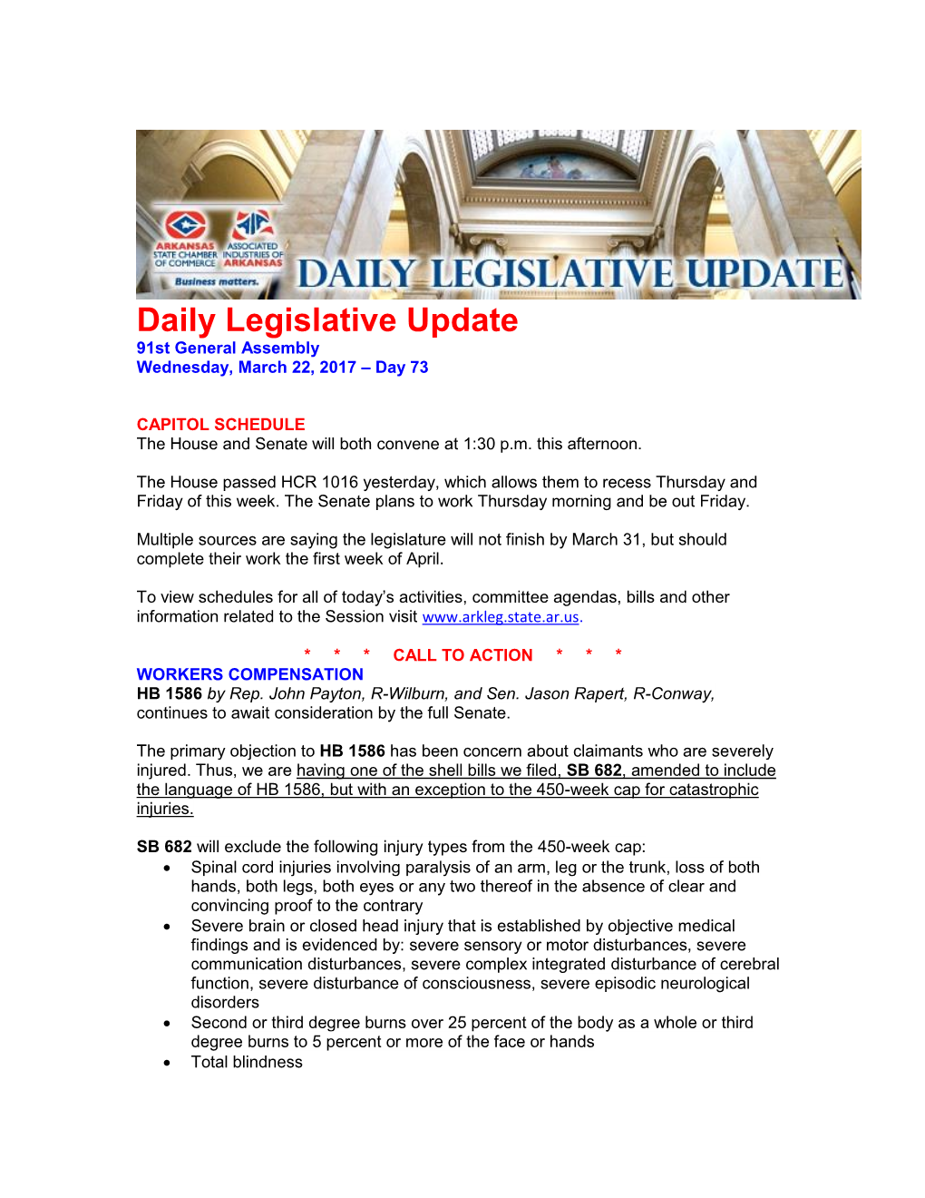 Daily Legislative Update 91St General Assembly Wednesday, March 22, 2017 – Day 73