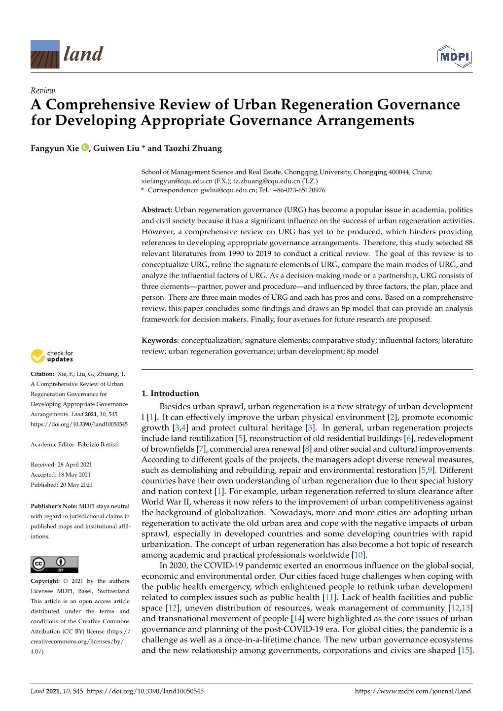 A Comprehensive Review of Urban Regeneration Governance for Developing Appropriate Governance Arrangements