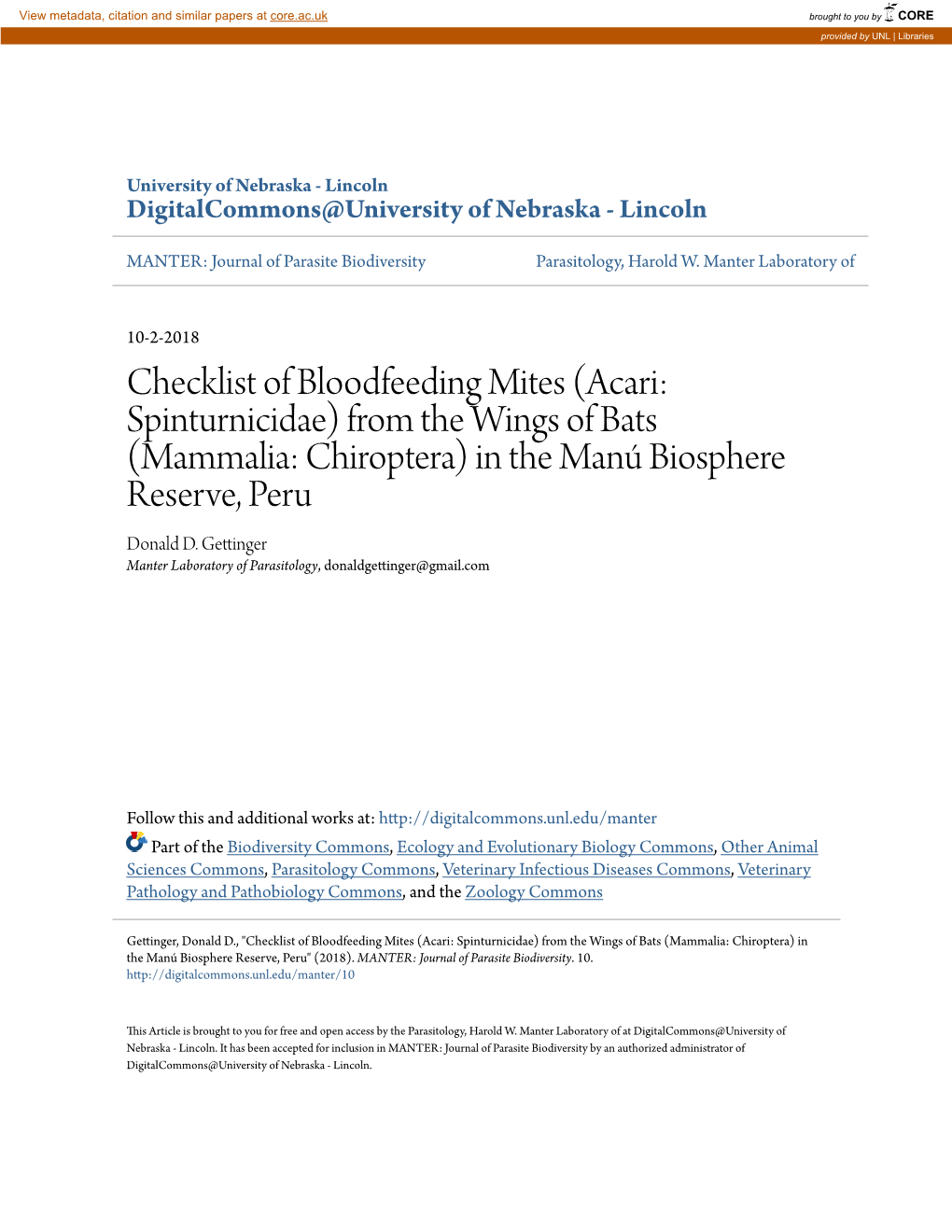 Checklist of Bloodfeeding Mites (Acari: Spinturnicidae) from the Wings of Bats (Mammalia: Chiroptera) in the Manú Biosphere Reserve, Peru Donald D