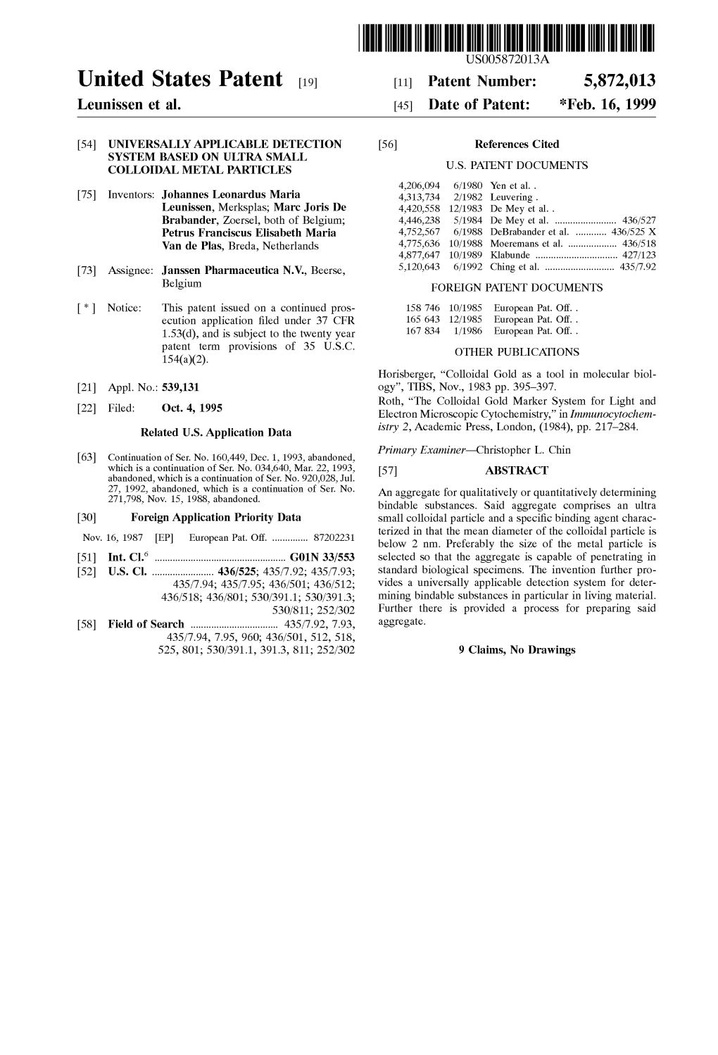 United States Patent (19) 11 Patent Number: 5,872,013 Leunissen Et Al