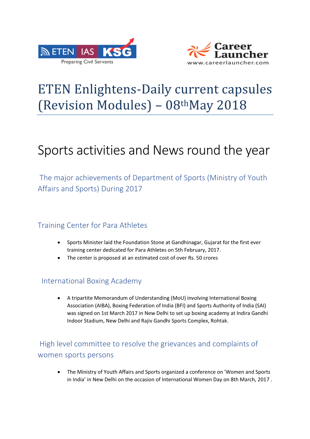 Sports Activities and News Round the Year