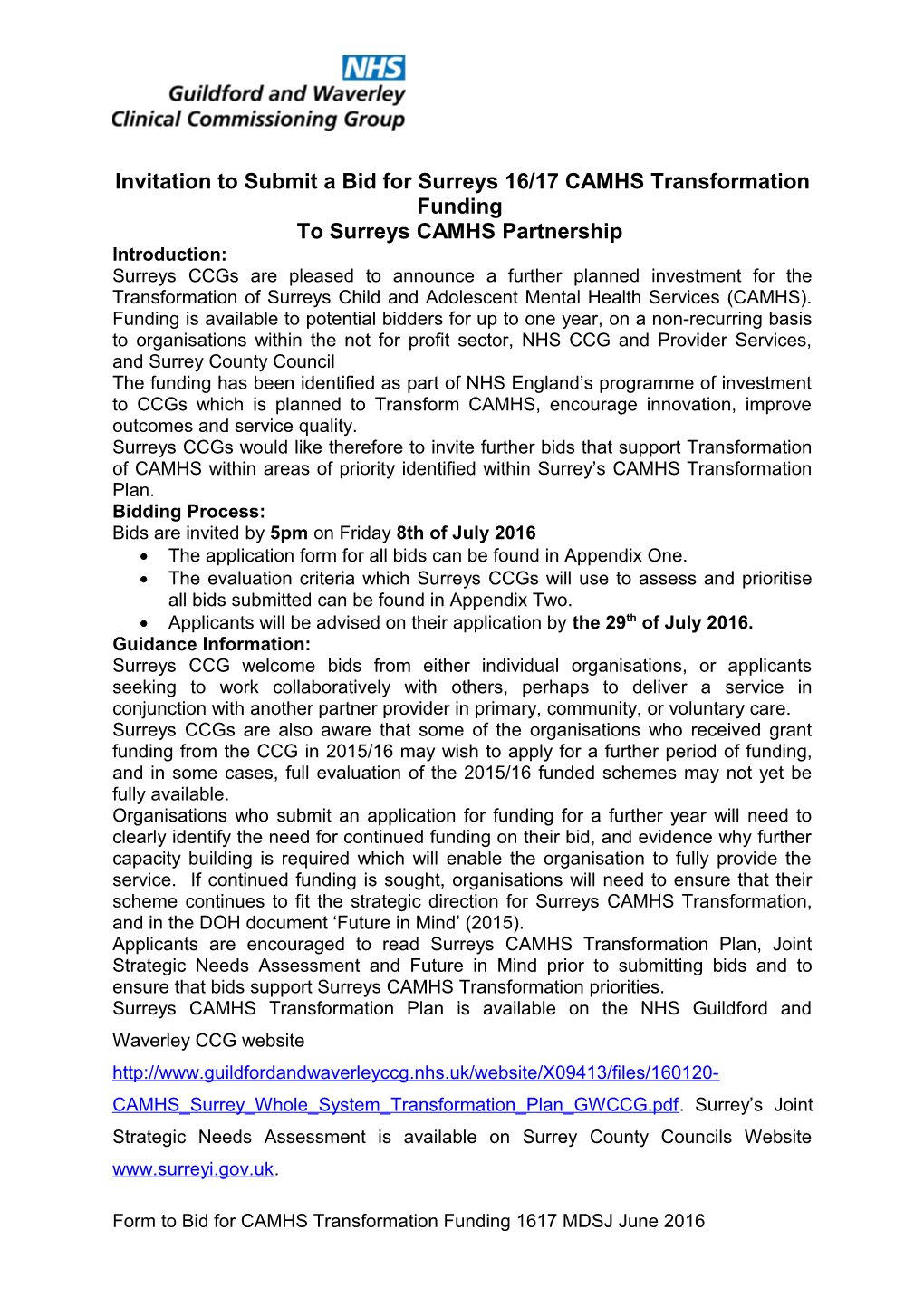 Invitation to Submit a Bid for Surreys 16/17 CAMHS Transformation Funding