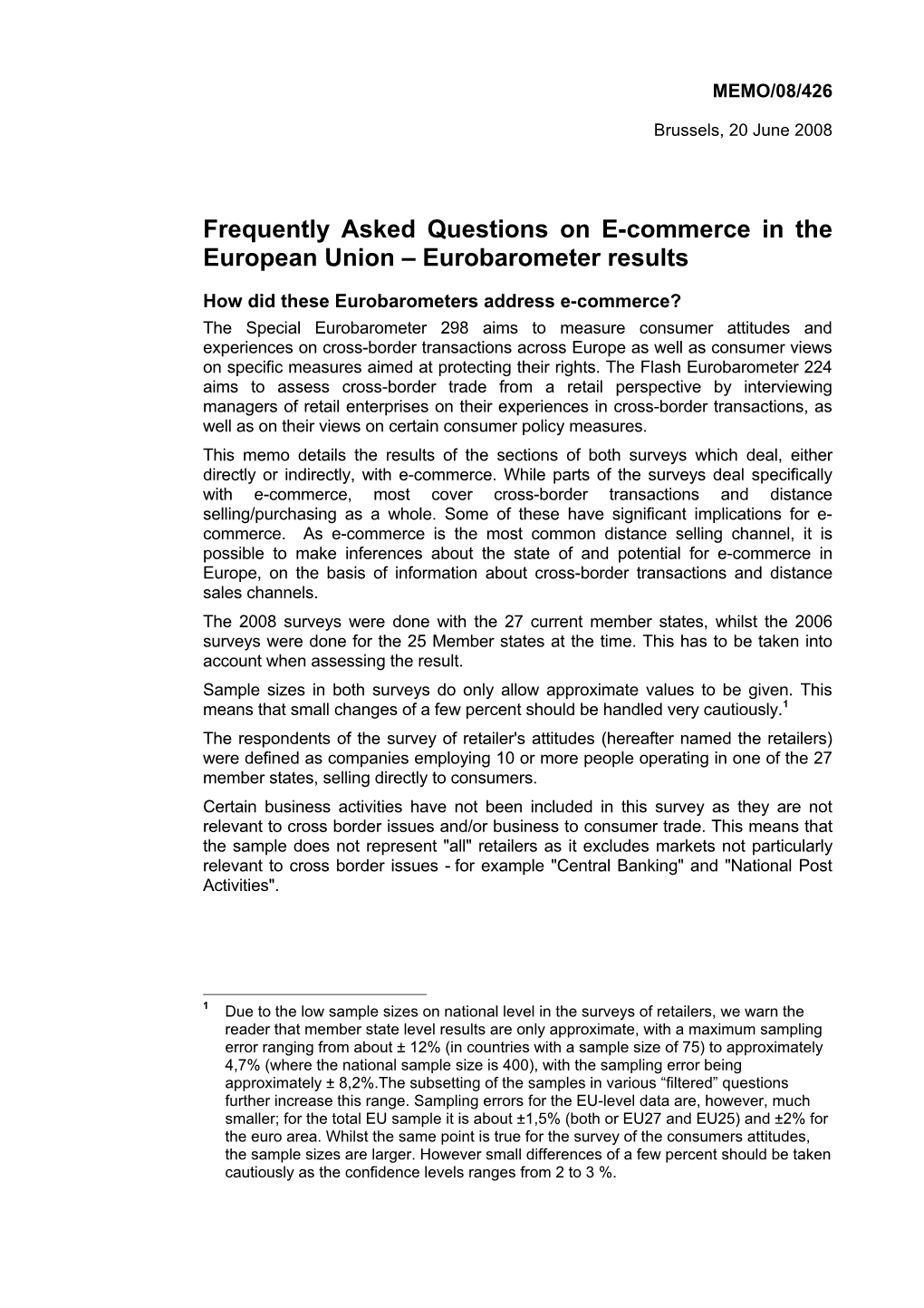 Frequently Asked Questions on E-Commerce in the European Union – Eurobarometer Results