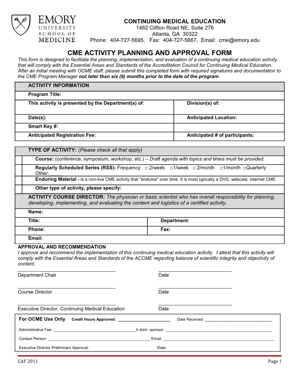 Cme Activity Planning and Approval Form