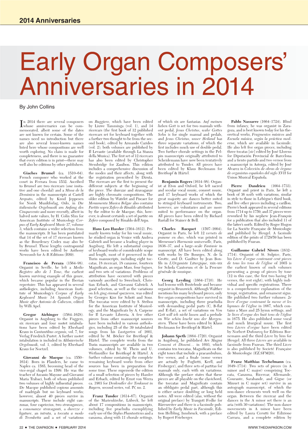 Early Organ Composers' Anniversaries in 2014