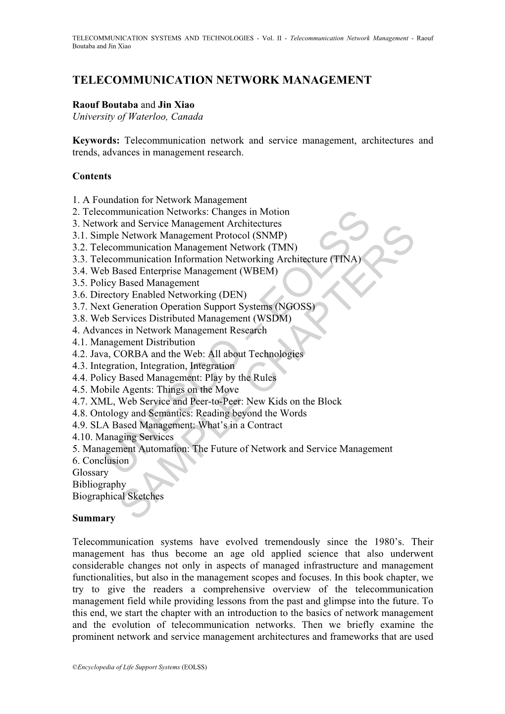 Telecommunication Network Management - Raouf Boutaba and Jin Xiao