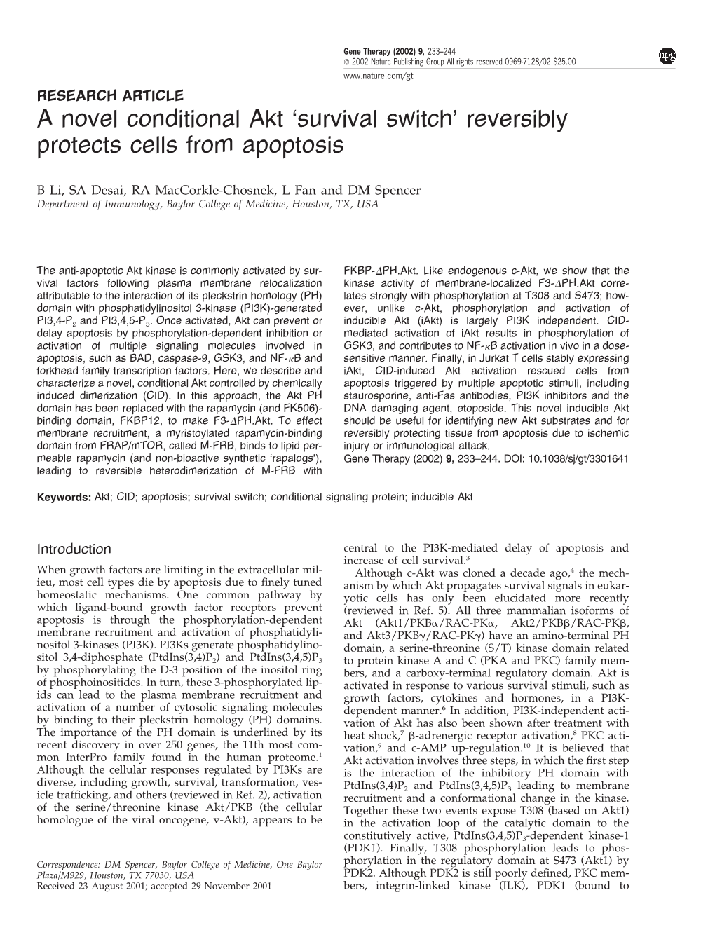 A Novel Conditional Akt ‘Survival Switch’ Reversibly Protects Cells from Apoptosis