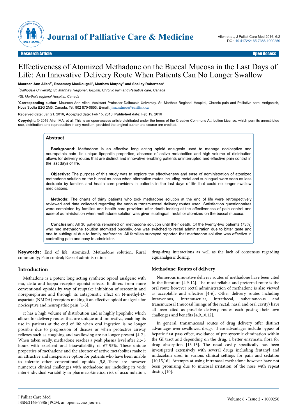 Effectiveness of Atomized Methadone on the Buccal Mucosa in The