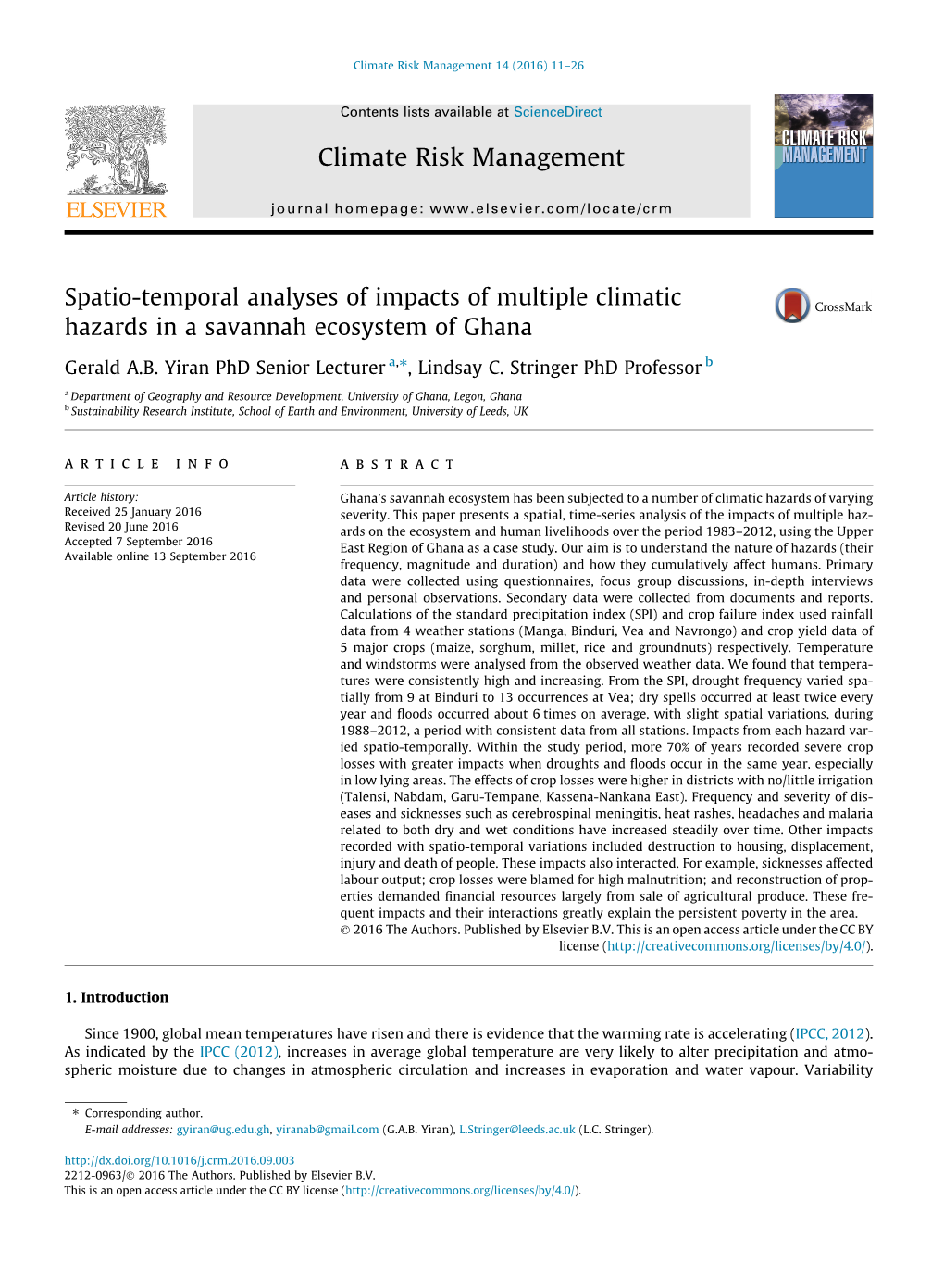 Spatio-Temporal Analyses of Impacts of Multiple Climatic Hazards in a Savannah Ecosystem of Ghana ⇑ Gerald A.B