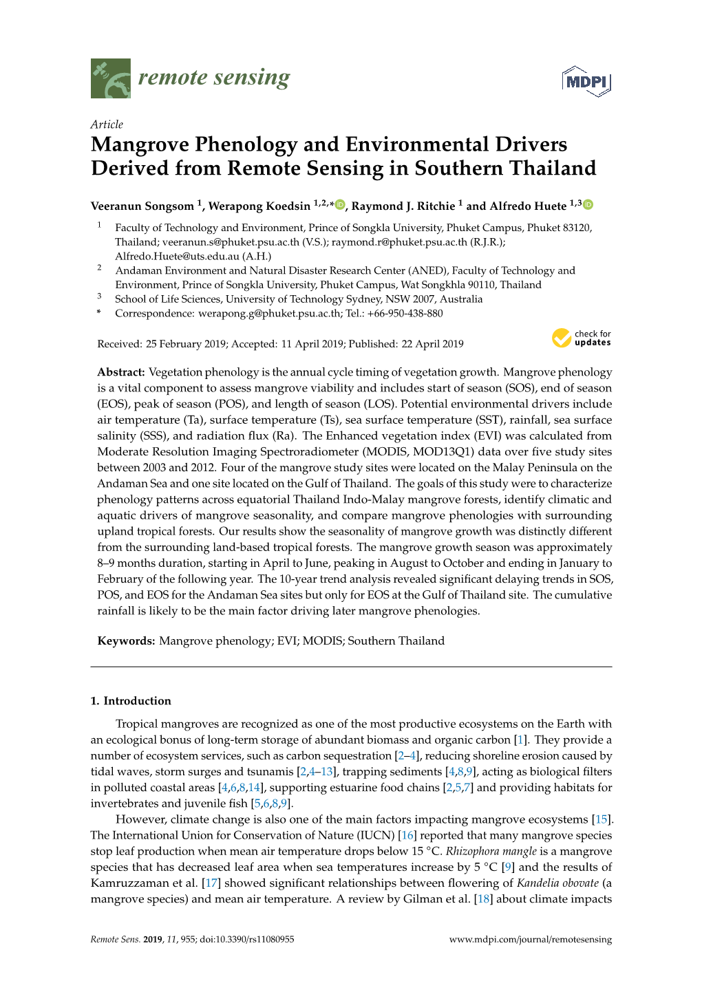 Mangrove Phenology and Environmental Drivers Derived from Remote Sensing in Southern Thailand