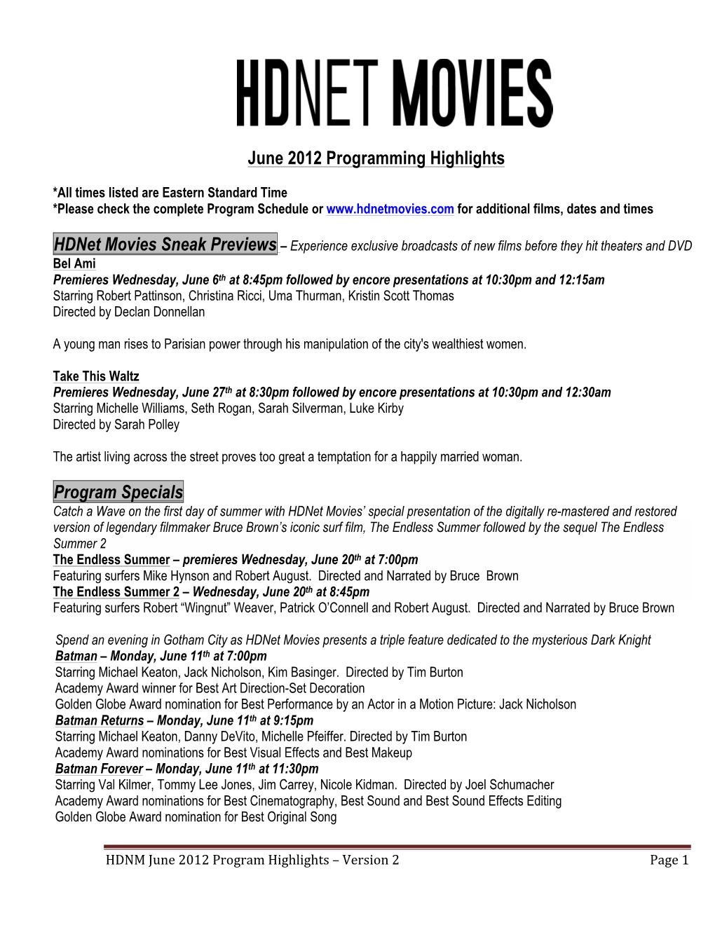 Hdnet Movies June 2012 Program Highlights