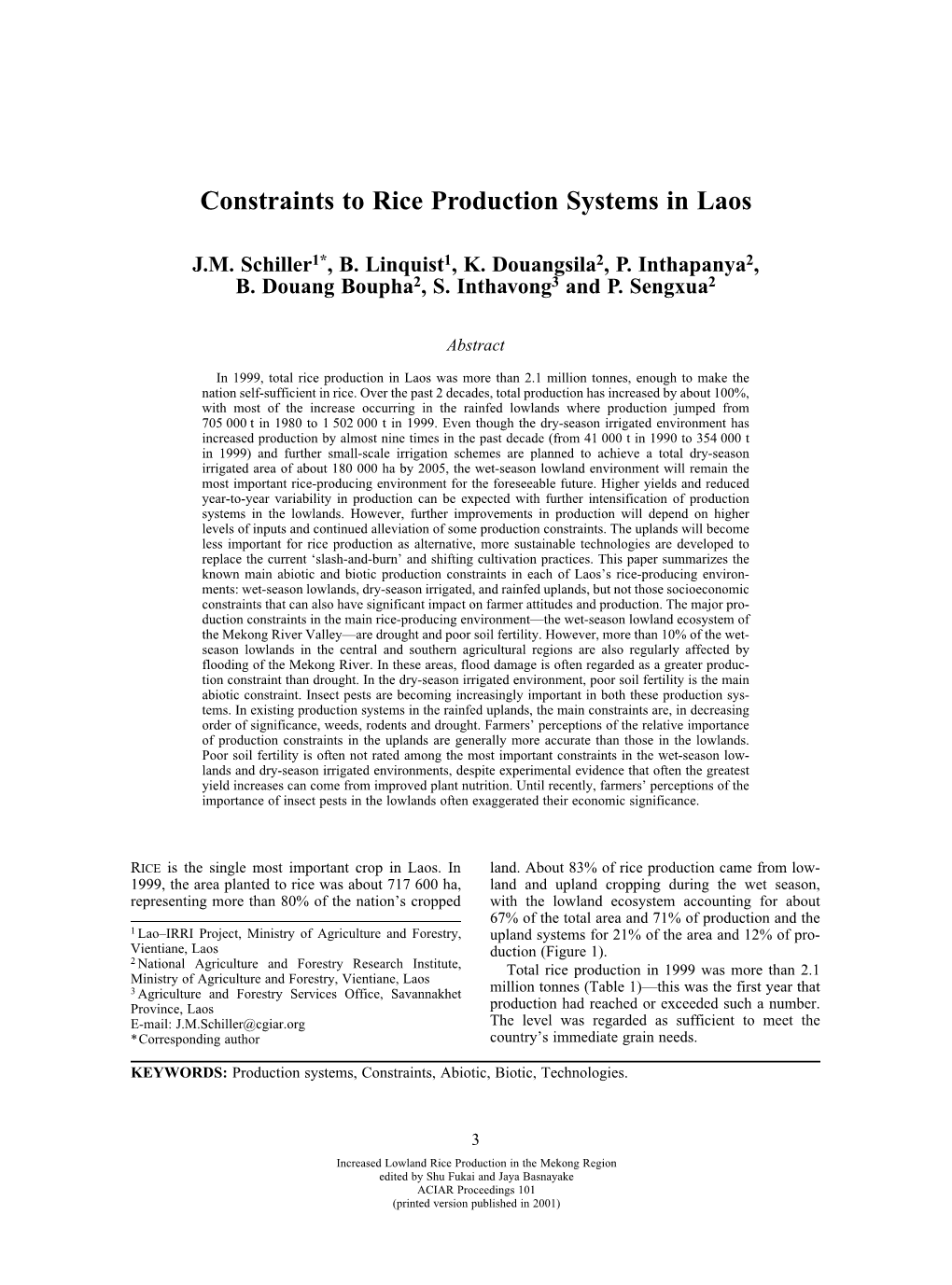 Constraints to Rice Production Systems in Laos