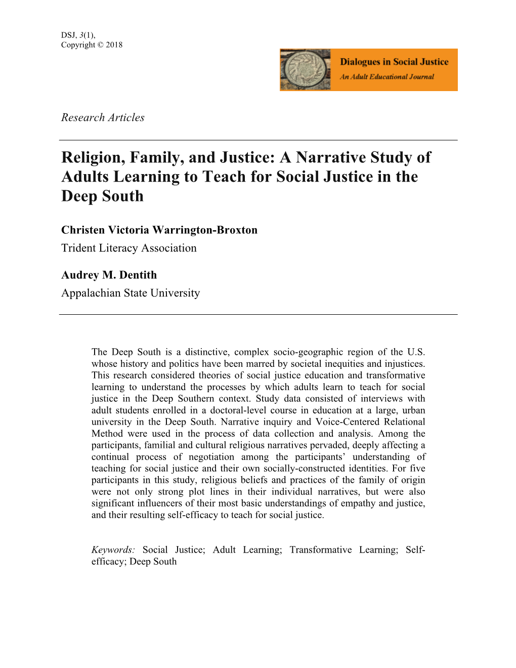 Religion, Family, and Justice: a Narrative Study of Adults Learning to Teach for Social Justice in the Deep South