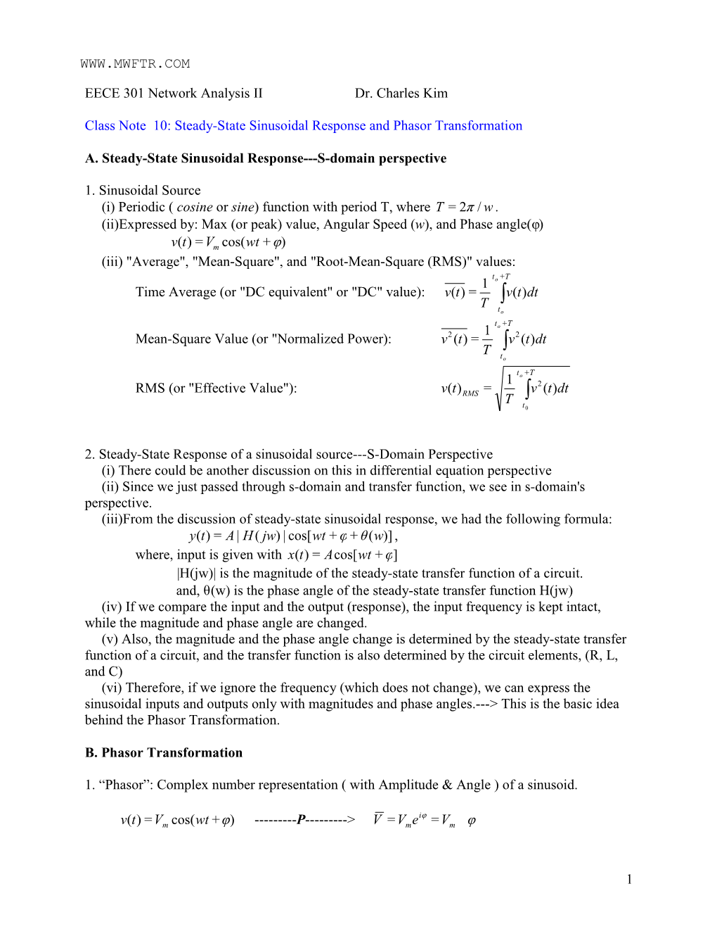 Sinusoidal Response and Phasor Transformation