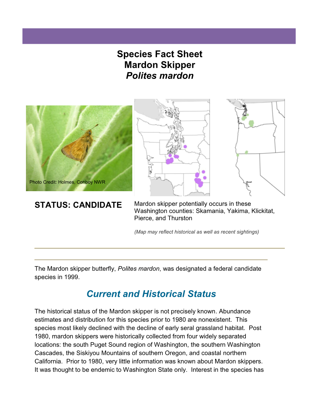 Species Fact Sheet Mardon Skipper Polites Mardon Current and Historical Status