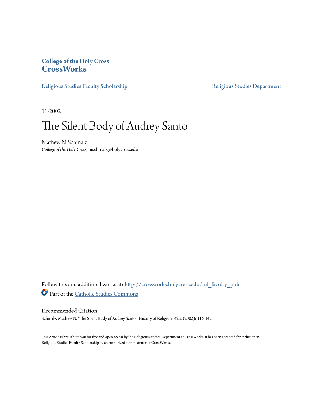 The Silent Body of Audrey Santo Author(S): Mathew N