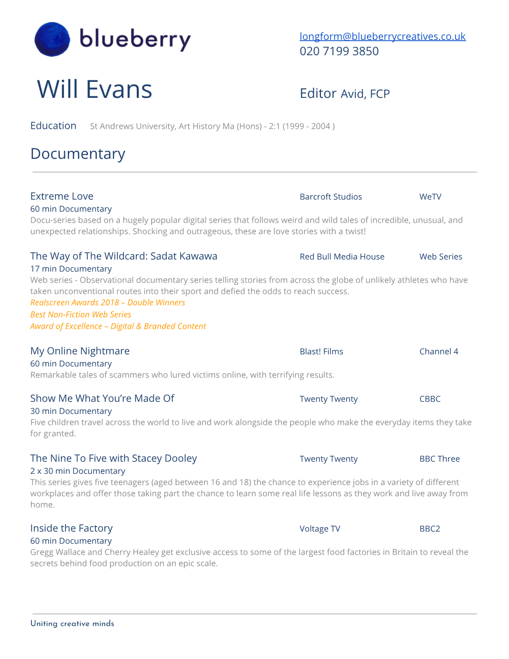 Will Evans Editor Avid, FCP