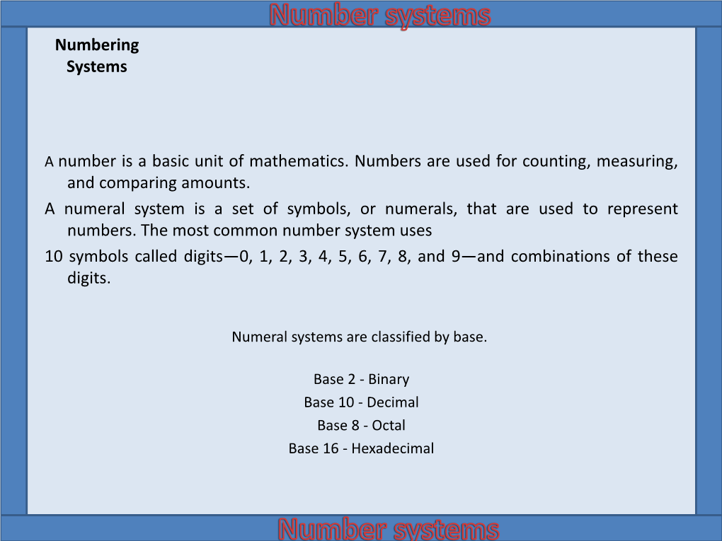 Numbering Systems a Number Is a Basic Unit of Mathematics. Numbers