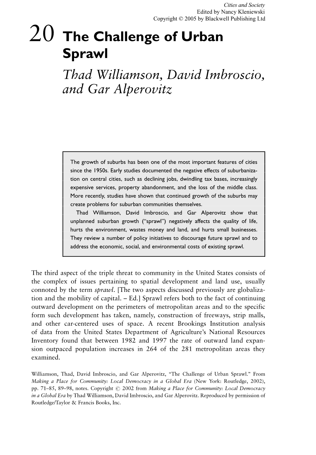 The Challenge of Urban Sprawl Thad Williamson, David Imbroscio, and Gar Alperovitz