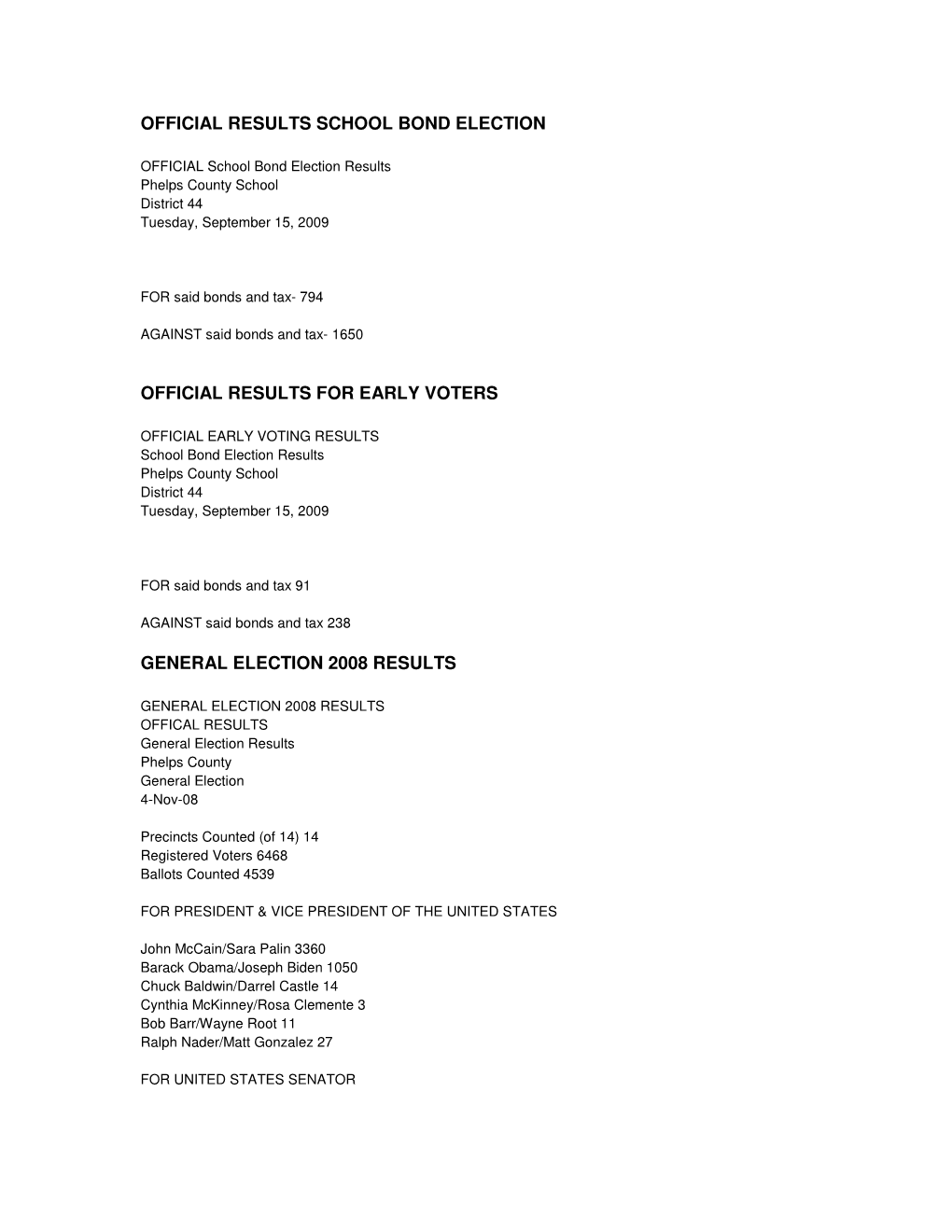 Official Results School Bond Election Official Results for Early Voters General Election 2008 Results