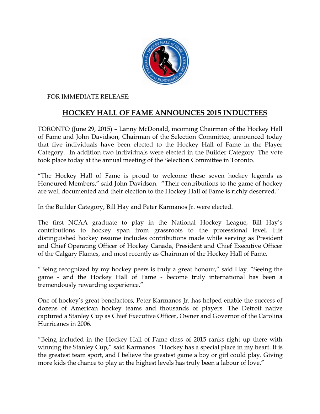 Hockey Hall of Fame Announces 2015 Inductees