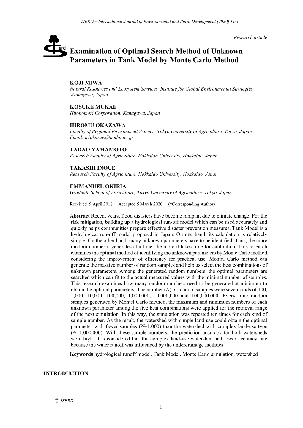 Examination of Optimal Search Method of Unknown Parameters in Tank Model by Monte Carlo Method