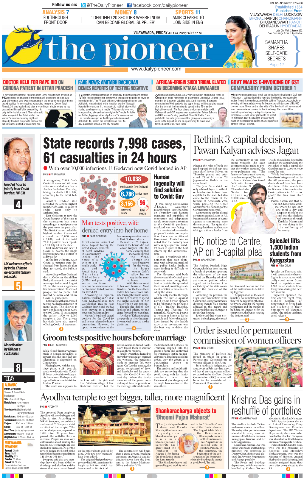State Records 7,998 Cases, 61 Casualties in 24 Hours