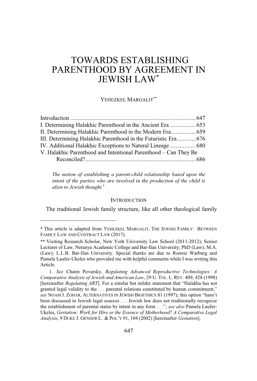 Towards Establishing Parenthood by Agreement in Jewish Law*