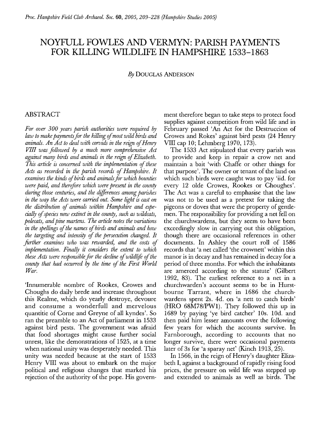 Noyfull Fowles and Vermyn: Parish Payments for Killing Wildlife in Hampshire 1533-1863