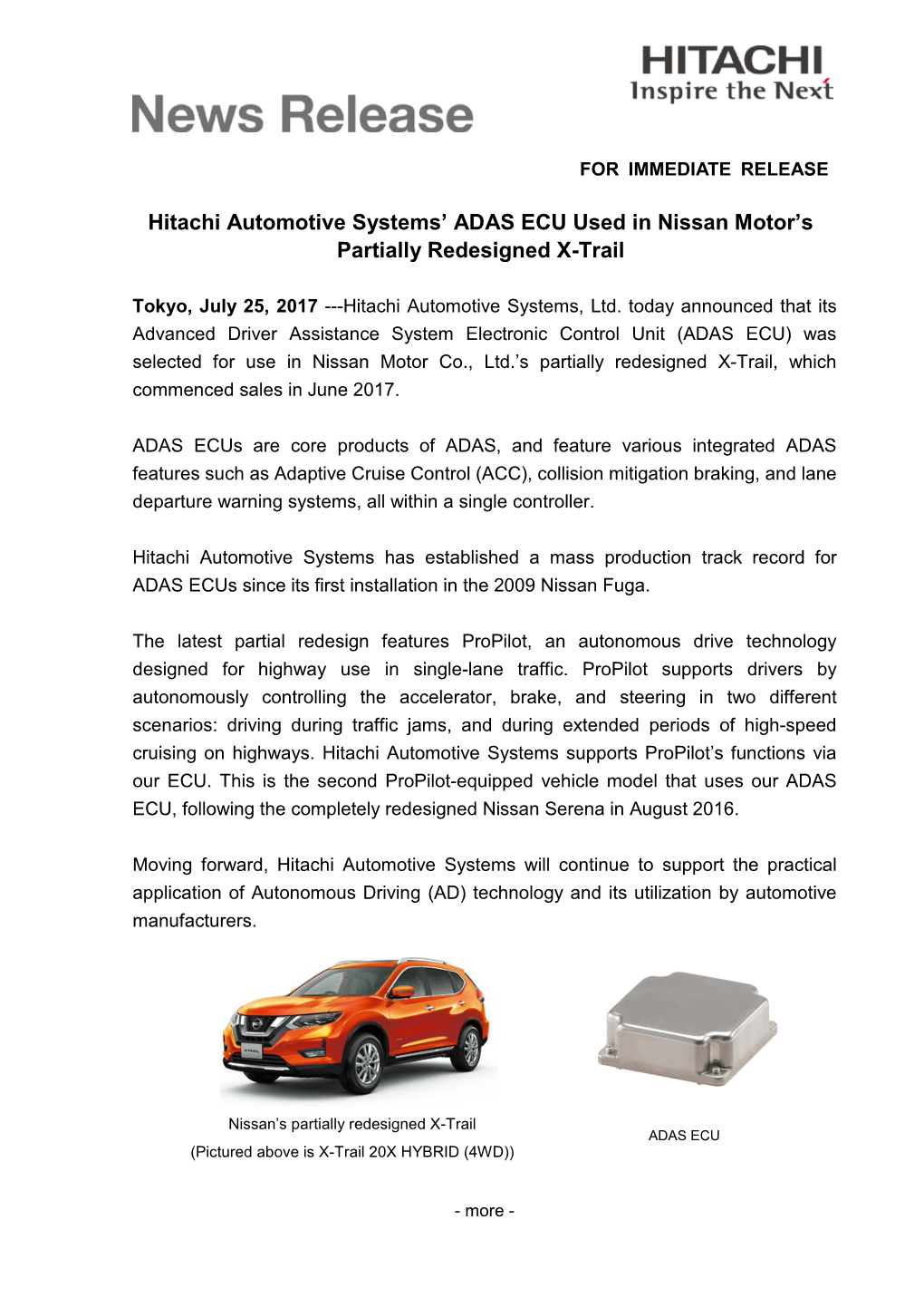Hitachi Automotive Systems' ADAS ECU Used in Nissan Motor's