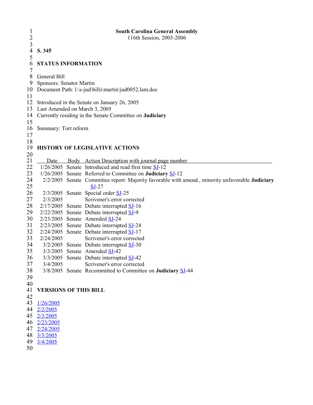 2005-2006 Bill 345: Tort Reform - South Carolina Legislature Online